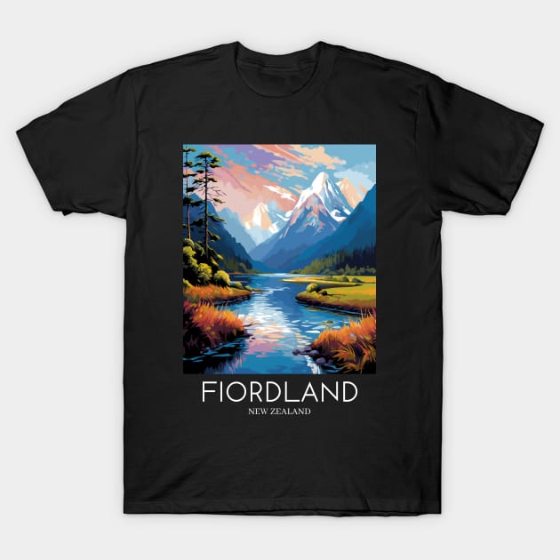 A Pop Art Travel Print of Fiordland National Park - New Zealand T-Shirt by Studio Red Koala